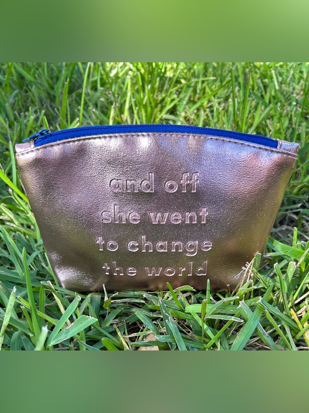 ipsy Rose Gold Cosmetic Pouch with Blue Zip